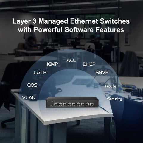8 Port 10G Managed Ethernet Switch With Auto Adaptive 10G 5G 2Point5G And 1G Speeds L3 Web And CLI Management on office desk