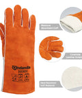 Premium 13 Inch Leather Forge Welding Gloves With Aramid Stitching And Split Leather Shell Heat Resistant Up To 212F Protects Against Flames Sparks And Spatter Large Size One Pair showing cowhide exterior and heat resistant material.