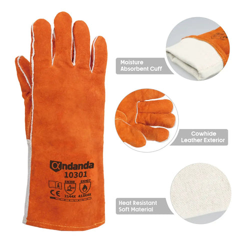 Premium 13 Inch Leather Forge Welding Gloves With Aramid Stitching And Split Leather Shell Heat Resistant Up To 212F Protects Against Flames Sparks And Spatter Large Size One Pair showing cowhide exterior and heat resistant material.