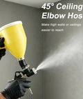 45° ceiling elbow hose attached to a heavy duty texture spray gun kit for Zero Sweat Drywall Renovation With This Heavy Duty Texture Spray Gun Kit Featuring Three Swappable Nozzles Complete Popcorn Finish Setup Including Hopper Air Hose Knockdown Scrapers And Brushes.