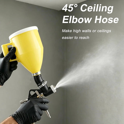 45° ceiling elbow hose attached to a heavy duty texture spray gun kit for Zero Sweat Drywall Renovation With This Heavy Duty Texture Spray Gun Kit Featuring Three Swappable Nozzles Complete Popcorn Finish Setup Including Hopper Air Hose Knockdown Scrapers And Brushes.