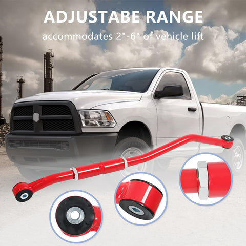 Beefy Adjustable Front Track Bar For Dodge Ram 2500HD 3500HD 2003 2013 Fits 2 To 6 Inch Lift Eyelet To Eyelet 1000 To 1100 Millimeters For On Road And Off Road Steering Upgrade, red steel bar