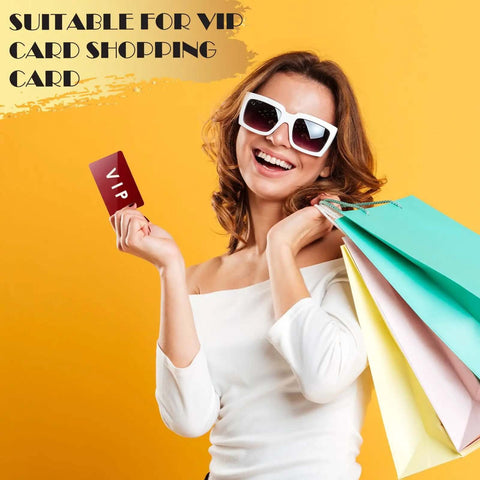 Smiling woman in white top holding shopping bags and VIP card, suitable for using 100 Piece Colorful Aluminum Engraving Blanks For Laser Etching.