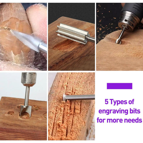 Wood Carving Bits Set For Rotary Tools With 1/8 Inch Shank Five Piece Assortment Of Triple Edge Detail Bead Round Nose V Groove And Cleaning Bits for carving and engraving