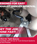 Exhaust hanger removal pliers installed on a car exhaust, 25° offset design, non-slip grip.