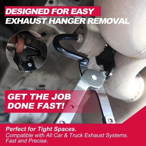 Exhaust hanger removal pliers installed on a car exhaust, 25° offset design, non-slip grip.