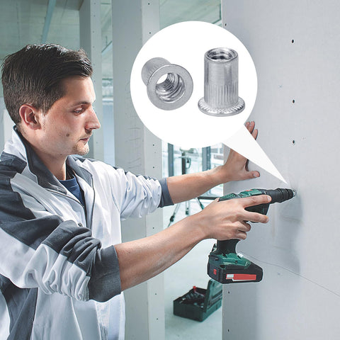 Man using drill to install 100 Pack 1 4 20 Aluminum Flange Rivet Nuts With UNC Threads Flat Head Threaded Insert Nuts on wall