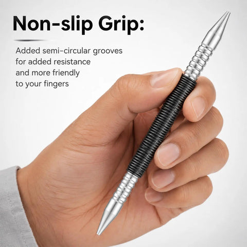 Pro Quality Two Piece Nail Setter Kit Featuring Dual End Spring Loaded Center Punch Tools, showing non-slip grip design in hand.