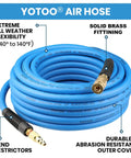 Coiled blue Hybrid Air Hose 3/8 Inch By 100 Feet 300 PSI Heavy Duty with quick coupler, bend restrictors, and brass fittings.