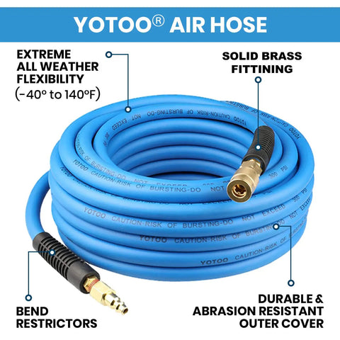 Coiled blue Hybrid Air Hose 3/8 Inch By 100 Feet 300 PSI Heavy Duty with quick coupler, bend restrictors, and brass fittings.