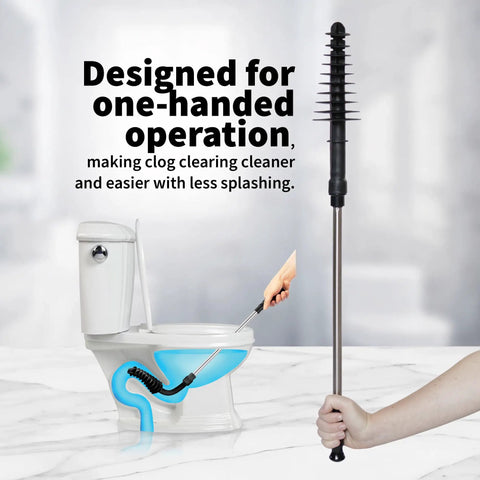 Revolutionary Toilet Plunger And Squeegee Combo With Stainless Steel Handle And Caddy Holder, Drain Cleaner And Clog Remover shown being used in toilet
