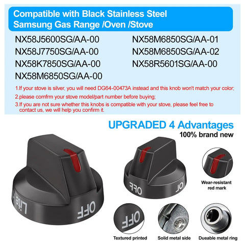 Upgraded Black Stainless Stove Knob Set For Gas Range And Oven 3 knobs with features listed, for Samsung models.