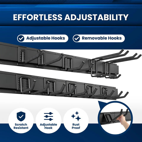 Close-up of 64 Inch All Metal Garage Tool Organizer Wall Mount Heavy Duty Tool Rack Holds 680 Lbs With Adjustable Hooks.