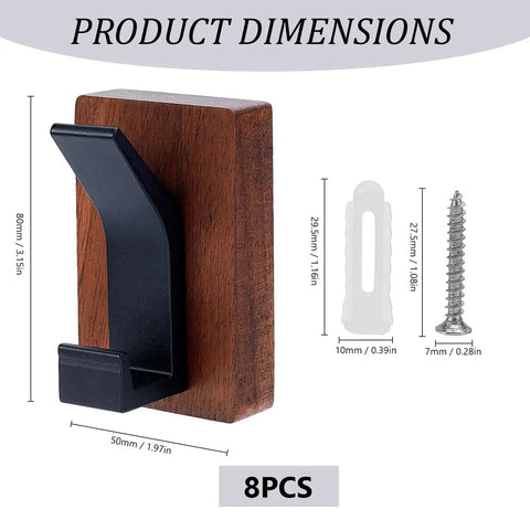 Product dimensions of Heavy Duty Eight Piece Walnut Wood Wall Hooks Featuring Thickened Aluminum Support, 80mm height, 50mm width.