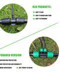 Comparison of old and upgraded drip irrigation connectors on grass, showcasing durability improvements and design changes.