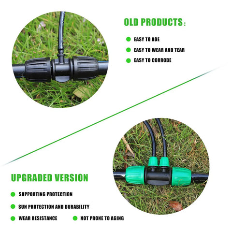 Comparison of old and upgraded drip irrigation connectors on grass, showcasing durability improvements and design changes.