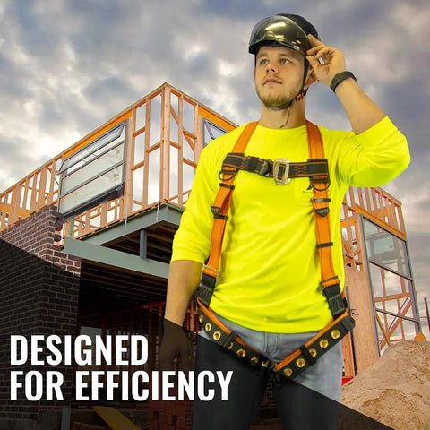 Worker wearing Warthog Construction Safety Harness For Fall Protection With Back D Ring Chest And Leg Buckles at a job site