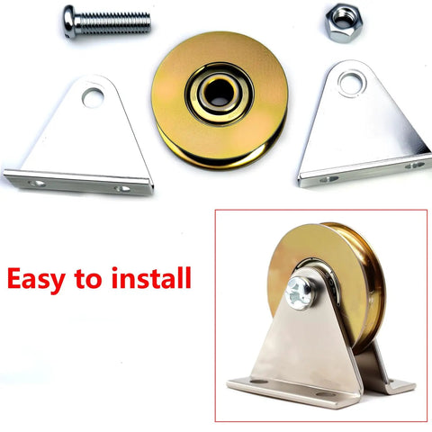 One And A Half Inch Beefy Bearing Wheel Wire Rope Pulley Block For Lifting With Bracket 200 LB Capacity Quiet Low Noise Rolling Guide Wheel For Indoor And Outdoor Use, brass wheel