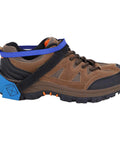 10 Pack Anti Static Foot Heel Straps For ESD Work on brown hiking shoe, blue synthetic rubber grounding straps