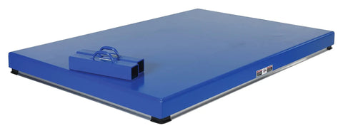 Heavy Duty Welded Steel Electric Hydraulic Lift Table With 48 By 72 Platform And 6000 Lbs Capacity Built Like A Brick House For Industrial Shops Osha Toe Guard Blue Finish, top view of the platform.