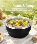 Hella Solid 32 Oz Double Wall Vacuum Insulated Stainless Steel Bowl With Tight Seal Silicone Lid Keeps Your Chow Ice Cold For Up To Twelve Hours All Day Long, filled with salad on picnic blanket