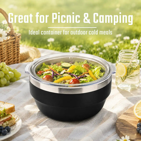 Hella Solid 32 Oz Double Wall Vacuum Insulated Stainless Steel Bowl With Tight Seal Silicone Lid Keeps Your Chow Ice Cold For Up To Twelve Hours All Day Long, filled with salad on picnic blanket