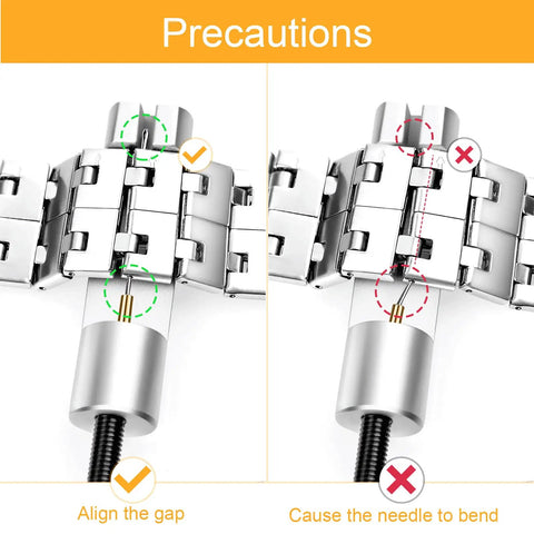 Watch Link Removal Tool Kit For Band Adjustment And Replacement, showing proper use of link remover vs incorrect use.