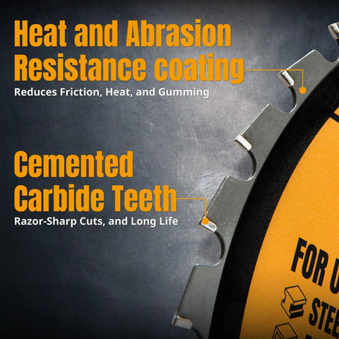 Close-up view of Multi Material 14 Inch Cold Saw Blade with highlighted cemented carbide teeth for aluminum, steel, iron, plastic, wood.