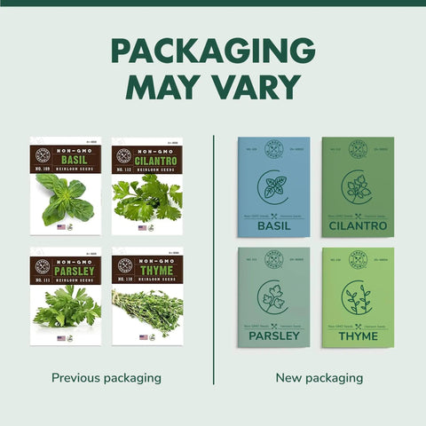DIY Indoor Herb Garden Starter Kit With Heirloom Non GMO Seeds For Basil Thyme Parsley Cilantro Plus Potting Soil Pots And Scissors Grow Fresh Kitchen Herbs On Your Balcony Or Window Sill seed packet packaging comparison.