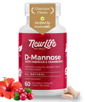 D Mannose With Cranberry And Hibiscus For Urinary Tract Health bottle with capsules and hibiscus and cranberries