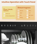 Compact Countertop Dishwasher With Built In Water Softener And Smart Eco Mode For Zero Hassle Cleaning and Spotless Dishes. Touch panel features and wash cycles.