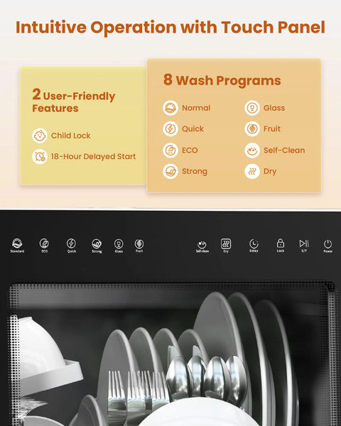 Compact Countertop Dishwasher With Built In Water Softener And Smart Eco Mode For Zero Hassle Cleaning and Spotless Dishes. Touch panel features and wash cycles.