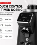 Product interface of Top Tier Commercial Espresso Grinder Featuring 64Mm Stainless Steel Flat Burrs with digital timer and touch control.