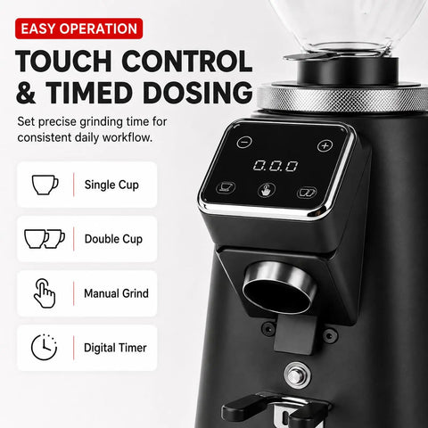 Nail Your Daily Grind With This Game Changing Electric Coffee Bean Grinder Featuring 64mm Stainless Steel Flat Burrs Digital Dose Timer And Wide Adjustable Range For Espresso Pour Over Or French Press In Sleek Silver, touch control interface.