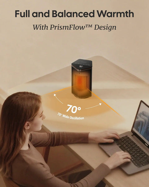 Woman using laptop with Powerful 1500W Portable Space Heater With Thermostat 70 Degree Oscillation in office for warmth