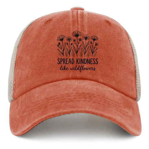 Be Kind To Nature Lightweight Trucker Hat For Men With Adjustable Buckle In Saffron Color with wildflower design on front