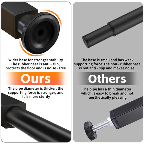 Comparison of Heavy Duty Adjustable Bed Support Legs showing sturdy rubber base and pipe diameter differences.