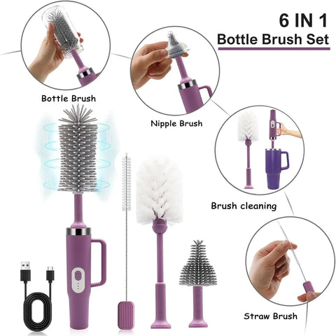 6 in 1 bottle brush set showing various brush heads and handles, highlighting 5 In 1 Electric Bottle Brush Cleaner Dual Speed Rechargeable.