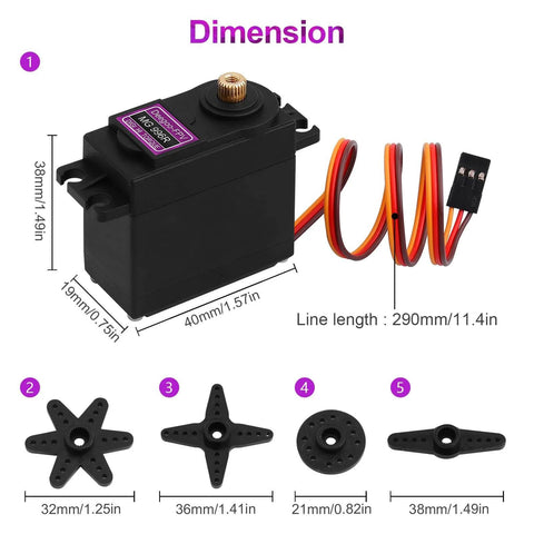 4 Pack High Torque Digital Servo Motors With Fully Copper Gears, 55g Lightweight Build, dimensions and attachments shown