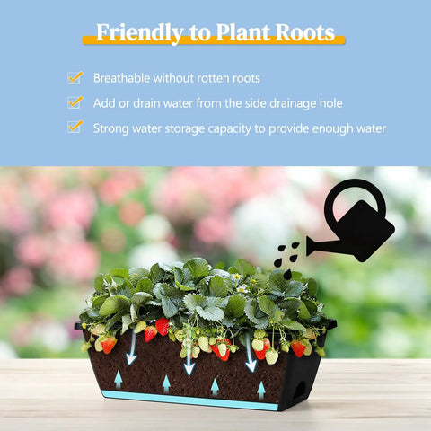 Four Pack Window Box Planters With Easy Install Adjustable Brackets For Porch Deck Railings, demonstrating drainage and aeration.