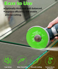 Four Inch Diamond Glass Cutting Disc Tool Set With Ultra Thin Discs for cutting glass tile, shown in use on green disc.