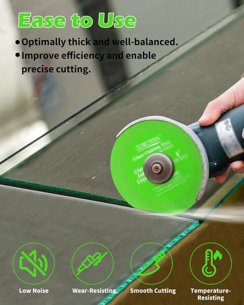 Four Inch Diamond Glass Cutting Disc Tool Set With Ultra Thin Discs for cutting glass tile, shown in use on green disc.