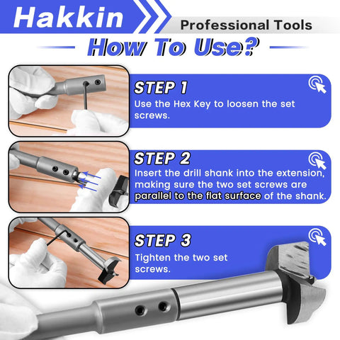 Steps to use Premium Quality Badass 7 And 10 Inch Forstner Bit Extension Set With 3/8 Inch Hex Shank for woodworking.