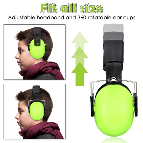 Child wearing green 9 Pack Kids Earmuffs For Noise Reduction 29dB Adjustable Fit Ear Protection For Toddlers And Kids