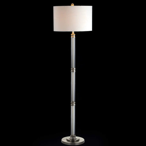 60 Inch Polished Nickel And Clear Glass Floor Lamp With White Linen Round Shade, Transitional Iron Standing Light For Your Living Room, Foot Switch, LED Bulb Included