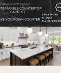 Modern kitchen featuring Three Step DIY Friendly Countertop Makeover Kit with White Marble Finish Epoxy Resin Topcoat.