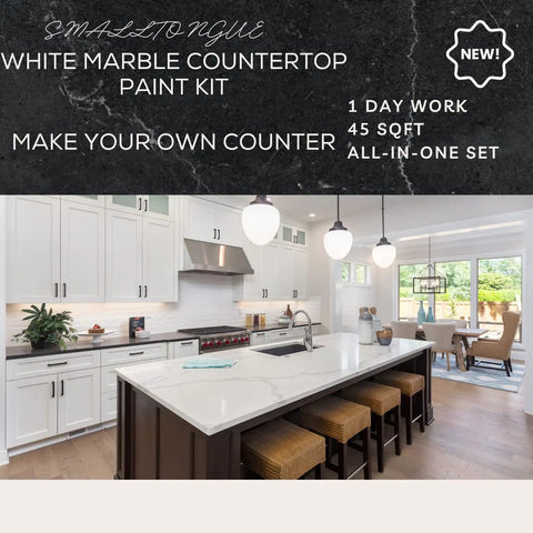 Modern kitchen featuring Three Step DIY Friendly Countertop Makeover Kit with White Marble Finish Epoxy Resin Topcoat.