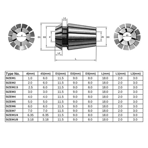 Heavy Duty Er11 Spring Collet For CNC Milling Lathes Killer Grip Precision Alignment specifications and dimensions diagram