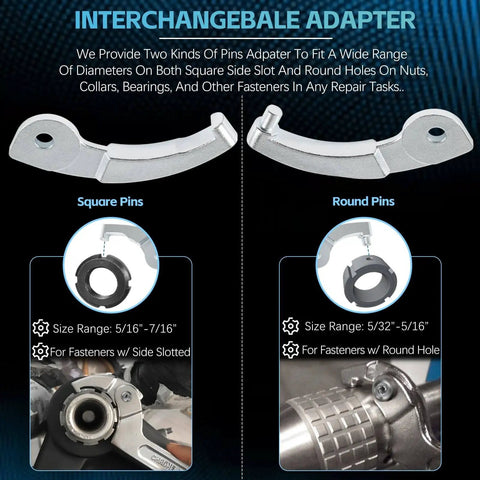 Interchangeable adapter with square and round pins for Adjustable Pin Spanner Wrench Set With 9 Piece C Spanner Heads And Changeable Attachments For Suspension And Collar Nut Tweaks, Includes Hook Wrenches And Square And Round Pin Adapters, 3/4 Inch To 3 Inch Range.