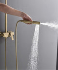 Hand holding handheld sprayer from UBNMIUBV Rainfall Shower System Gold, Luxury Brass Shower Faucet Set.